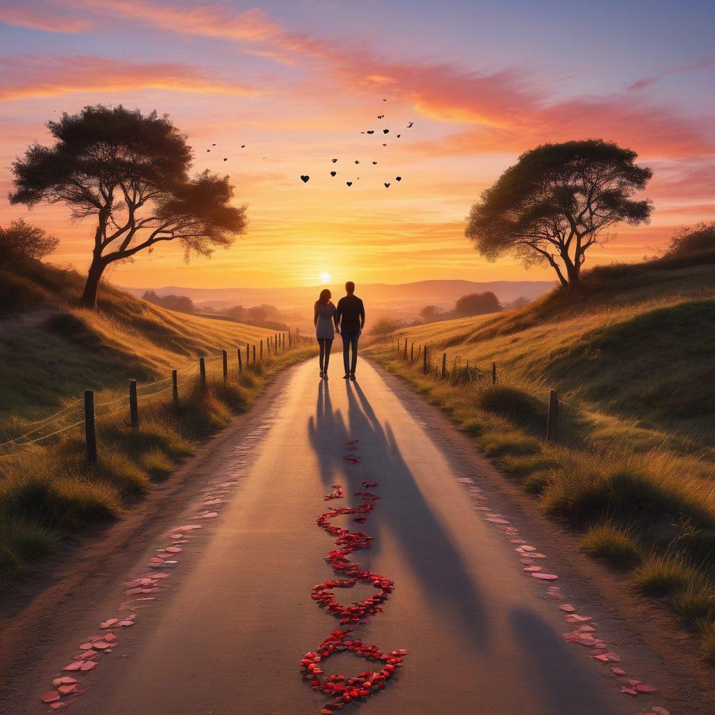 A winding road symbolizing a journey, lined with vibrant hearts and casual dating elements like coffee cups and smartphones. Include silhouettes of diverse couples enjoying each other's company, radiating warmth and connection. The background features a sunset with soft pastel colors, emphasizing the transition from casual encounters to deeper relationships. super-realistic. vibrant colors. warm tone.