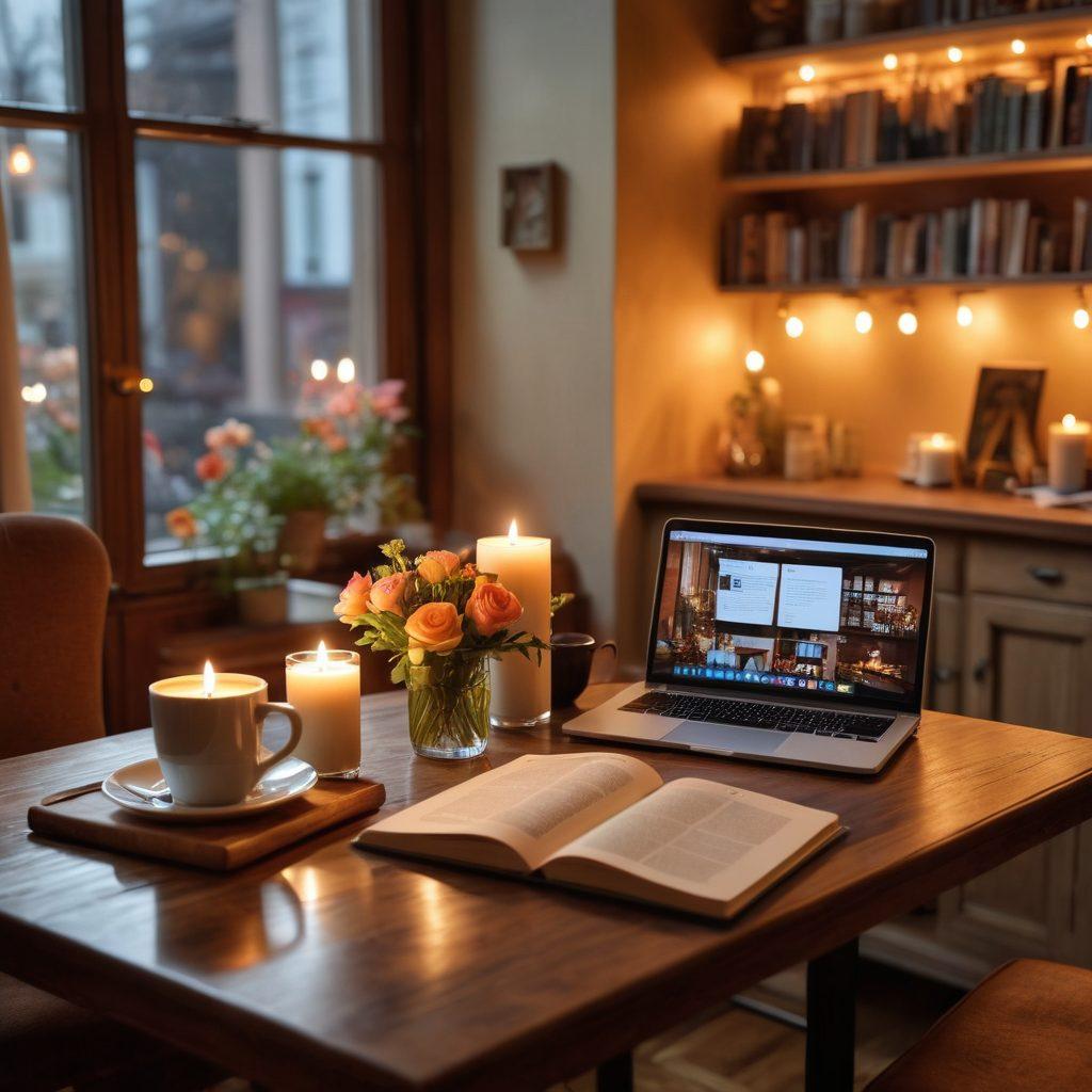 A cozy, intimate setting featuring a diverse couple sharing a heartfelt conversation over coffee, surrounded by romantic decor such as candles and flowers. Infuse elements of modern technology like a smartphone and a laptop with relationship apps open. Include a bookshelf with relationship guidance books in the background. Soft, warm lighting to evoke a sense of comfort and love. super-realistic. vibrant colors. cozy atmosphere.