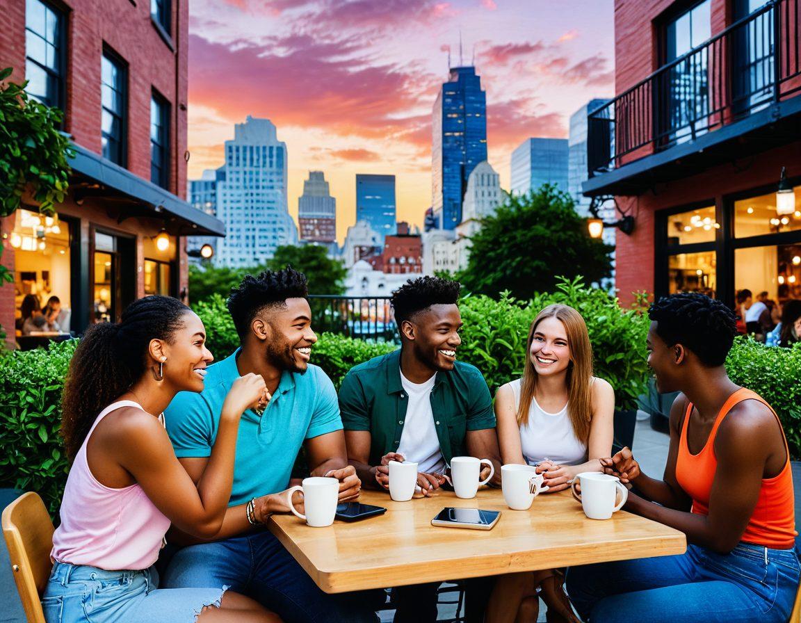 A visually striking scene depicting a diverse group of young adults engaging in various dating scenarios such as chatting at a coffee shop, swiping on dating apps, and sharing laughs at a casual outdoor gathering. The atmosphere should exude a modern and playful vibe with bright colors, showcasing connection and flirtation while incorporating elements of technology like smartphones and social media icons. The background should be lively, hinting at a city skyline. vibrant colors. contemporary style. smooth gradients.